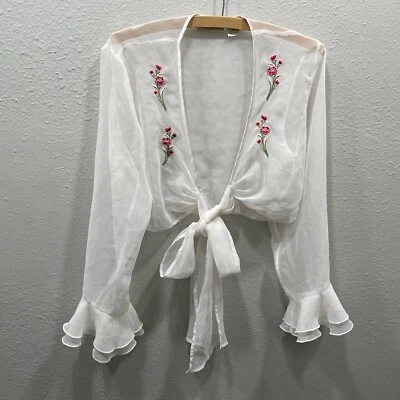 Vntge Victoria's Secret Gold Label M White Sheer Top TieFront Long FlareSleeves  - Image 1 of 4