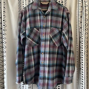 Vintage Big Mac Men’s Plaid Flannel USA LT Workwear Grey Turquoise 70’s Buttons - Picture 1 of 11