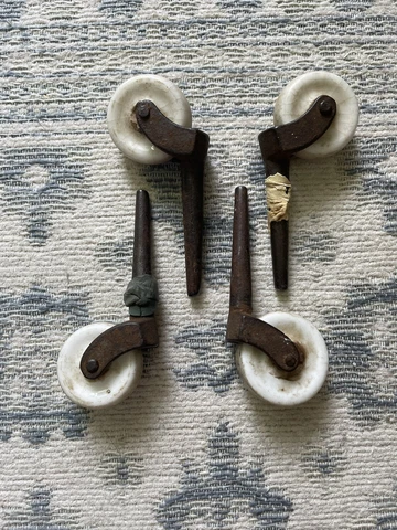 4 Antique Brass Mounted Ceramic Wheel Casters 1 3/4 Inch Cover