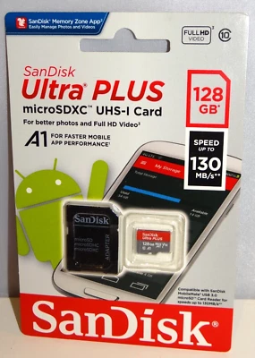 Tarjeta de memoria SanDisk Ultra Plus - 128 GB (130 MB/s) microSDXC UHS-I con adaptador Foto 1 de 4