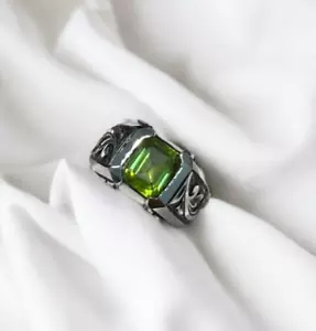 Real Peridot Mens Art Deco Engraved Ring Silver 925 Man Peridot Gift Jewelry - Picture 1 of 4