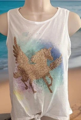 Gold glitter unicorn sleeveless girls Summer top by justice size 14/16 - Image 1 of 4