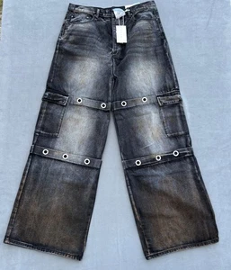 Mens mnml Baggy Denim Jeans Size 36 Distressed Wide Leg Black Fade Rust NWT - Picture 1 of 17