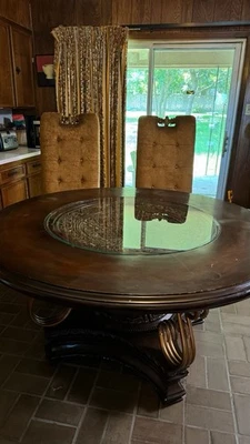 Hard Wood Dining Room Table and 4 Chairs Set with Carve Insert In The Middle - Image 1 of 4