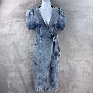 Retrofete Zelda abito avvolgente donna taglia small blu denim manica a sbuffo avvolgente - Foto 1 di 8
