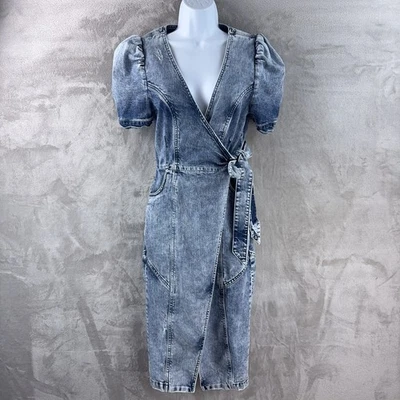 Retrofete Zelda Wrap Dress Womens Size Small Blue Denim Puff Sleeve Wrap - Image 1 of 4
