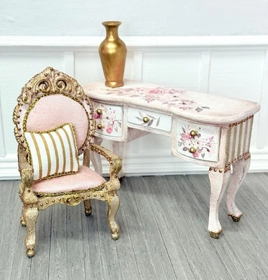Miniature Hand Painted  1:12/ Desk & Chair / Pillow/Vase - Image 1 of 4