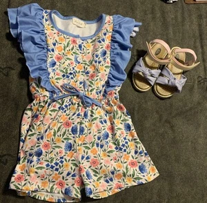 Girl’s Marie Nicole Shorts Jumpsuit Sz L (4-5) & Dr. Schools Sandals Sz 9 #1398 - Picture 1 of 19