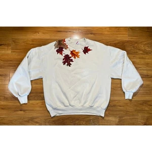 Vintage 90s Embroidered Autumn Leaf Crewneck Sweatshirt USA Made Ivory SZ L - Picture 1 of 5