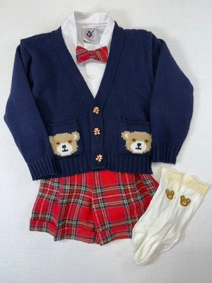 De Colección Good Lad Boy Conjunto Pantalones Cortos Suéter 3T Rojo Tirantes a Cuadros Pajarita Oso de Peluche EE. UU. Foto 1 de 4