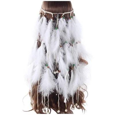 Feather Headband White Fake Pearl Hippie Indian Boho Hair Bands Tassel Bohemi... - Image 1 of 4