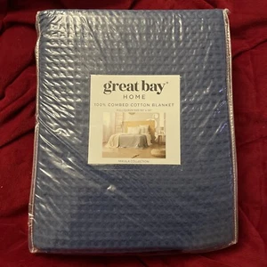 NIP Great Bay Home 100% Combed Cotton 90x90” Queen Size Navy Blue Mikala Blanket - Picture 1 of 4