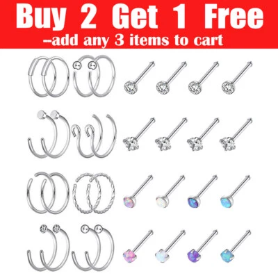 16-32PCS 20G Nose Rings Hoop Surgical Steel CZ Opal Ear L Shape Screw Bone Studs - Image 1 of 4