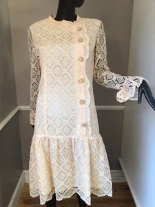 Authentic 1960s Pink Lace Mod Drop Waist Dress lucite rhinestone buttons (E-59) - Picture 1 of 16