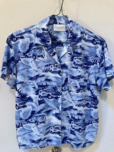 Womens Liz Claiborne tropical Petite blouse/top, blue Jeeps, rayon, excellent! - Picture 1 of 7