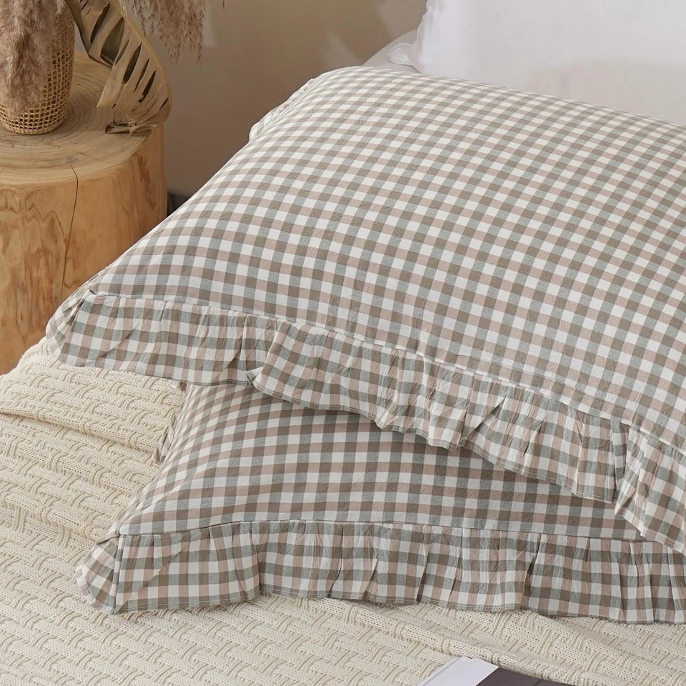 Fundas de almohada con volantes de guinga verde 100 % algodón lavado como lino sensación suave com... Foto 1 de 4