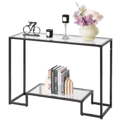 2-Tier Glass Console Table Rectangle Sofa Side Table with Anti-Tip Black - Image 1 of 4