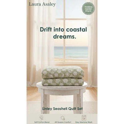 全新 Laura Ashley TWIN 尺寸 Linley 被子和假套装 绿色海贝壳 全新带盒 — 第 1/4 张图片