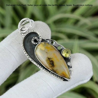 Christmas Sale Sterling Silver Natural Plume Agate Lemon Quartz Pendant Jewelry - Image 1 of 4