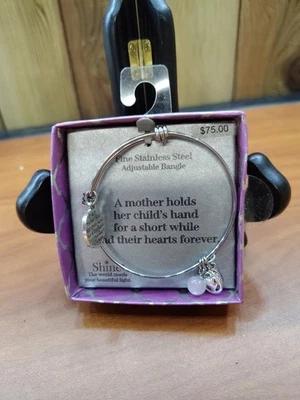 Adjustable Fine Shine Stainless Steel Bangle Bracelet Charms & Quote Mother  - Image 1 of 4