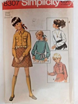 Simplicity 8307 Shirt Scarf Blouse Top Sewing Pattern Girls 6 VTG Cut Western - Image 1 of 4