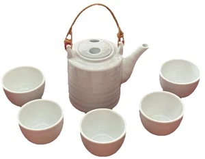 NEU 6er Set Starbucks Teeservice 5 Porzellantassen & Teekanne weiß gerippt - Bild 1 von 5