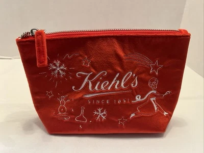 Vtg Kiehls  Holiday Red Soft Velvet Makeup Bag Cosmetic Pouch White Embroidery - Image 1 of 4