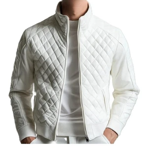 Men's White Real Sheepskin Leather Flight Bomber Jacket Quilted Style Biker Coat - Picture 1 of 11