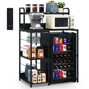 Mini Fridge Stand with Power Outlet Coffee Bar Rack with Storage Shelves Cabinet - Picture 1 of 11