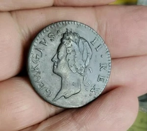 HIBERNIA IRELAND GEORGE II 1749 1/2 PENNY  Distant 9 Strings Petethe Greek352 hw - Picture 1 of 7