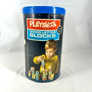 Vintage Playskool Wood Letter Blocks 1972 with Canister Complete - Picture 1 of 13