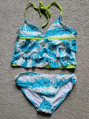 Justice Swim Niñas Talla 8 Moda Bikini 2 Piezas Traje de Baño Estampado Paz Top con Volantes Foto 1 de 4