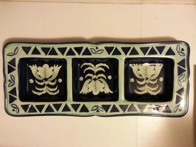 Beautiful 17" Blue Ceramic 3-section Serving Platter Party Tray by Century - Image 1 of 4