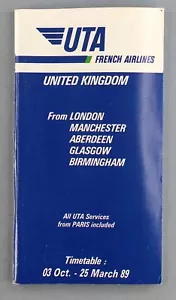 UTA AIRLINE TIMETABLE WINTER 1988/89 UK ISSUE DOUGLAS DC-10 & B747-300 SEAT MAPS - Picture 1 of 4