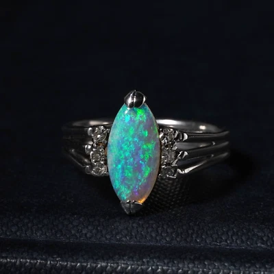 Anel vintage australiano azul verde opala sólida diamante ouro branco tamanho O/7 - Imagem 1 de 4