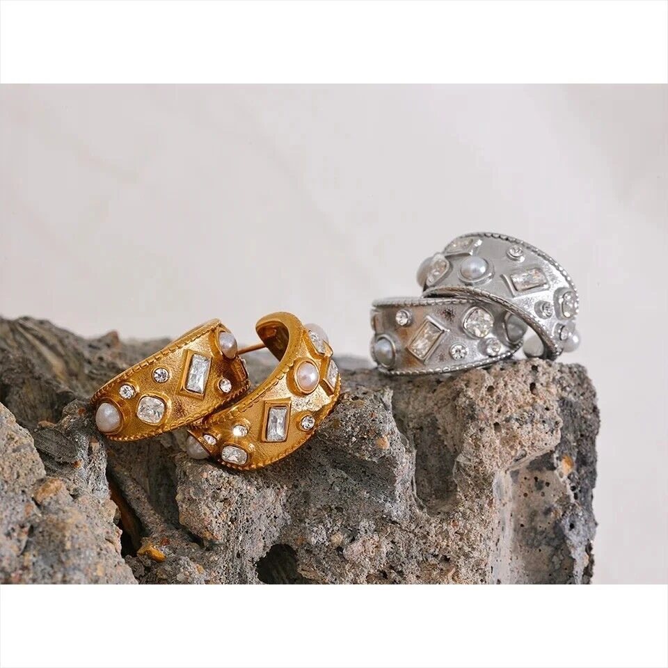 Stud CZ 18k Yellow Gold Plated Fine Hoop Pearls Charm Earrings Jewelry for Women - Image 1 of 4