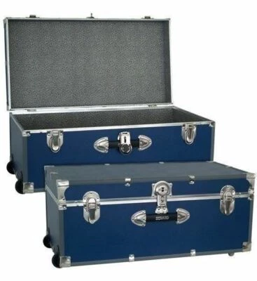 Blue Storage Trunk Wheeled Wooden Footlocker Chest Luggage College Dorm Box 30" - Image 1 of 2