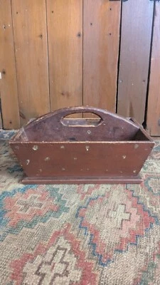 Best Antique Early Country Folky Wood Tote Cutlery Old Red Paint Sq.N 12" Footed - Image 1 of 4