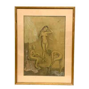 3 Bleistift gezeichnete nackte Frauen baden von Sauve Fine Art auf Papier gerahmt signiert - Bild 1 von 4
