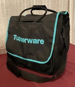 Tupperware Canvas Duffle Bag Consultant Kit Tote Black Aqua Teal BLUE Logo XL - Picture 1 of 7