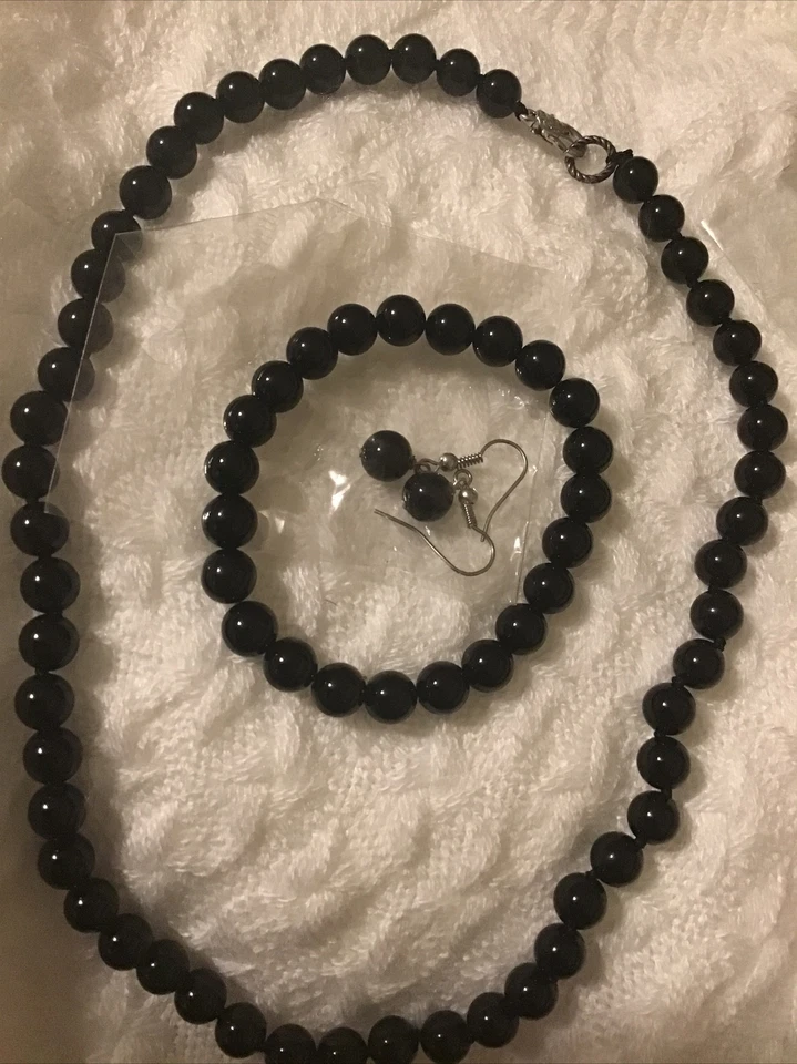 Juego de pendientes pulsera collar bola ágata negra de 8 mm Foto 1 de 4