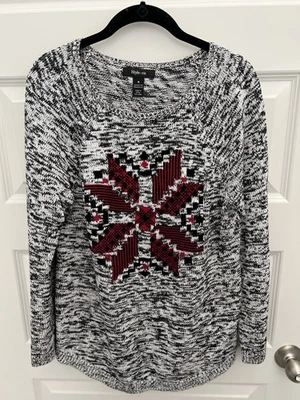 Style & Co. Negro/Blanco/Rojo Manga Larga Copo de Nieve Feo Navidad Suéter Foto 1 de 4