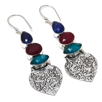 Greensimulated, Rosso E Giada Gemma 925 Sterling Argento Gioielli Orecchino - Immagine 1 di 4