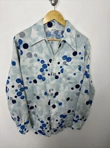 70s Vintage Disco Charisma Men L 16-16.5 Button Shirt Polyester Blue Polka Dot - Picture 1 of 6