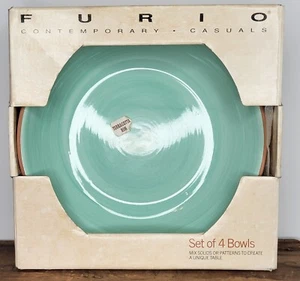 Discontinued Set of 4 Furio Earthenware Soup Bowls in Green w/ Terracotta Rim  - Picture 1 of 24