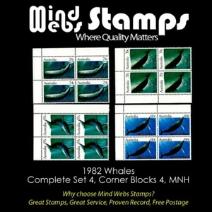 Australian Decimal Stamps 1982 Whales, Complete Set 4, Corner Blocks 4, MNH - Picture 1 of 2