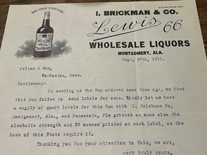 1913 I Brickman Montgomery AL 2 whiskey beer letterheads Lewis 66 - Picture 1 of 3