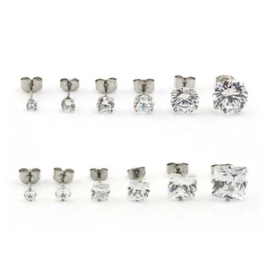 Square & Round Surgical Steel CZ CLEAR CRYSTAL EAR STUDS Earrings 3mm-10mm 2pcs - Picture 1 of 3