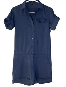 Theory Womens Romper Blue Size 00 Shorts Button-Up Linen Blend Roll Tab Sleeve