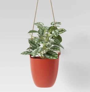 New Faux Hanging Green Leafy Plant Red Pot - Lot of 2 - Picture 1 of 4